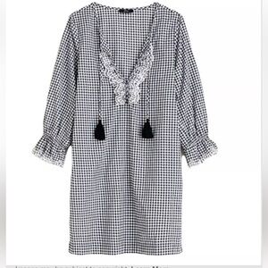 J. Crew Scalloped Tunic Textured Gingham Navy White Cotton Tassel Size XXL